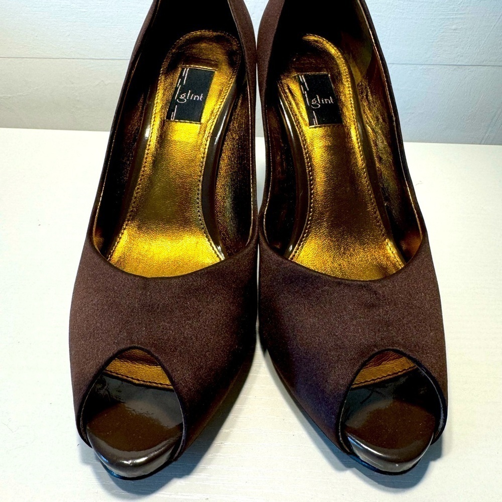 Elegant Classic Brown Glint Designer Peep‎ Toe Heel Pump Comfort Design 8.5